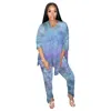 Calças femininas de duas peças Feogor Mulheres Moda Tie Dye Set Split Side V-Pescoço Tops Jogger Sweatpants Terno Tracksuit Conjuntos de Correspondência Fitness