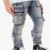 Amirs diseñador hombres jeans Amirs nueva calle principal Multi bolsillo viejo azul ropa de trabajo locomotora lavado cinta jeans marea marca poiso259n