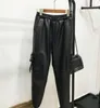 Pantalons pour femmes Style Boyfriend Femmes Taille élastique Poches Cargo Moto en peau de mouton Véritable Cuir Hip Hop Joggers Harem