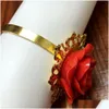 Napkin Rings Wholesale- 50Pieces Red Rose Flower Decor Gold Ring Holder Hoops Romantic Nice Looking Ing Party Table Decoration Drop De Dhr3A