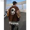 Womens Jackets American Retro Street Trend Travel Around The Earth Men Women Embroidered Baseball Uniform vintage Brown Fashion oversize Motorcycle Jacket Flocki