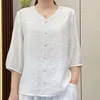 Blusas femininas roupas vintage estilo étnico bordado elegante verão com decote em v meia manga camisas soltas senhoras algodão linho topos