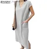 Basic Casual Dresses ZANZEA Women Fashion V-Neck Stripe Printed Short Sleeves Spilt Side Dress L230916
