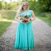 Turquoise Bridesmaids Dresses Sheer Jewel Neck Lace Top Chiffon Long Country Bridesmaid Maid of Honor Wedding Guest Dresses212T