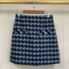 Sandro round neck deep blue plaid tweed jacket+A-line high waisted skirt