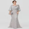 2022 Nuovo argento elegante lungo madre della sposa abiti mezza manica in pizzo sirena abito da sposa per gli ospiti plus size serata formale Wea276c