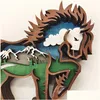 Autres décorations pour la maison 3D Cheval Artisanat Laser Coupé Bois Matériel Cadeau Art Artisanat Forêt Sauvage Animal Table Décoration Statues Ornements Chambre Dro Dh8Hv