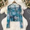 Kvinnor Bluses Women Chic Tie Dye Mesh Top Slim Basic Sexy Korean T-shirt Fashion Diagonal Collar Long Sleeve Summer Chiffon Shirt