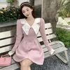 Casual Kleider Rosa Einreiher Cord Kleid Elegante Bodycon Schlank Vestidos Mujer Ärmel Volle Puppe Hals Herbst Winter Gestrickte Frauen