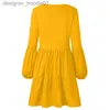 Basic Casual Dresses Women Tunic Casual Dresses V Neck Loose Flowy Swing Shift Mini Dress Long Sleeve L230916