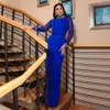 Royal Blue Sheath Prom Dresses Beaded Neck Evening Dress See Thrugh Long Sleeve Satin Females Birthday Party Gown