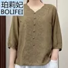 Blusas femininas roupas vintage estilo étnico bordado elegante verão com decote em v meia manga camisas soltas senhoras algodão linho topos