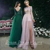 Party Dresses Delicate Applique Scoop Evening Dress Long Sleeve Classic Tulle A-Line High Side Slit golvlängd Öppen bakre damklänningar