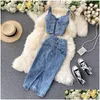 فساتين العمل 2023 Summer Women Skirt من قطعتين y v-neck ctopped denim سترة عالية الخصر التنانير الكورية للسيدات بدلات بلا أكمام Drop d dh2qy