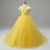 Abiti da ragazza Abito giallo a fiori gonfi per matrimoni eleganti Abiti da ballo per la prima comunione di spettacoli di applique per feste di compleanno per bambini