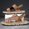 Тапочки, летние мужские сандалии, повседневная пляжная обувь двойного назначения с воздушной подушкой и верхним слоем, дышащая кожаная обувь с отверстиями