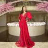 Charming Red Lace Evening Dresses 2024 Puffy Long Sleeves Mermaid Sheer O Neck Dubai Formal Women Prom Gowns Met Gala