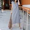 Basic Casual Dresses ZANZEA Women Fashion V-Neck Stripe Printed Short Sleeves Spilt Side Dress L230916