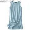 Basic Casual Dresses ZANZEA Women's Home Round Neck Hem Split Sleeveless Vest Dress L230916