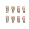 Kunstnagels Hoge kwaliteit 24 stuks glanzend roze groen nagel golvende lijn lange nep voor vrouwen meisje kunstmatige verwijderbare kunst volledige dekking