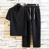 Men's Tracksuits Men Tracksuit Chinese Style Short Sleeve Summer Top Ninth Pants Set Deep Crotch Two-piece Male Garment