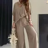 Women's Two Piece Pants V-neck Batwing Sleeve Top Set Stylish Summer Outfit Tops High Waist Wide Leg Loose Fit For A