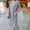 Basic Casual Dresses ZANZEA Women Fashion V-Neck Stripe Printed Short Sleeves Spilt Side Dress L230916