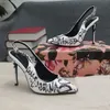 Klänningskor designers sandaler toppkvalitet 3d graffiti knapp stilett häl slingbacks kvinnor sandal 10,5 cm hög klackade spetsiga tår lady charm designer sko 34-43