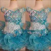 Güzel Organza V Boyun Mini Glitz Kızlar Pageant Elbiseler Boncuklu Rhinestones Boru Cupcake Hunter Beyaz Küçük Çiçek Kız Dre256u