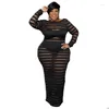 Plus Size Dresses Kexu Sheer Mesh Stripe Women Dress O-Neck Fl Sleeve Stretchy Skinny Long Maxi Y Club Party Vestidos Drop Delivery Ap Dhdi6