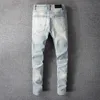 Мужские джинсы светло-синего цвета с рваными рваными уличными модными узкими повреждёнными отверстиями и стразами Slim Fit Stretch Distressed Destroyed 230915