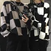 Kobiety Swatery Czarne białe kraciasty na dzianina Korean Vintage Casual Oversize Sweter Y2K Streetwear Winter Harajuku Gothic Style Women