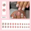 Faux ongles 24pcs tache d'encre rose blanc court faux avec colle tête carrée feuilles détachables acrylique presse sur