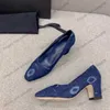 Damen-Abendschuhe, Pumps, Slipper, klobiger Absatz, Höhe 6,5 cm, Freizeitschuh, Designer-Denim-Druck, Slip-on-Hochzeitsschuh, Damen-Sandalen, klassischer blauer Freizeitschuh für Party