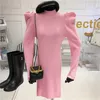 2020 NY DESIGN Women's Stand Collar Puff Long Sleeve Sticked Orange Color Bodycon Tunic Short Dress237e