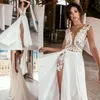 2018 Julie Vino Spitze Boho Brautkleider Sexy Chiffon Sheer Deep V Neck High Split Brautkleider vestido de novia2704