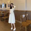 Vestidos casuais cintura alta mulheres de malha vestido longo 2023 outono inverno coreano simples elegante v-pescoço manga a-line branco noite