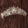 Contas de cristal nobre pérola ouro conjuntos de noiva strass diadema tiaras colar brincos coroa barroca jóias de casamento set307j