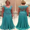 Family Turquoise Mother Of The Bride Dresses Floor Length Chiffon Groom Mother Party Gowns V Neck Lace Long Plus Size Mother Dress257p