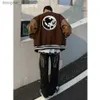 Womens Jackets American Retro Street Trend Travel Around The Earth Men Women Embroidered Baseball Uniform vintage Brown Fashion oversize Motorcycle Jacket Flocki