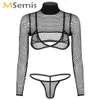 Womens Porno Stripper Outfit Transparent Pole Dance Fishnet Lingerie Set Clubwear Long Sleeve Shrug Tee with Triangle Bra Briefs256o