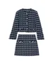 Sandro round neck deep blue plaid tweed jacket+A-line high waisted skirt