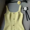 Basic Casual Dresses Women's yellow color sleeveless tweed woolen flower patchwork slim waist casual dress SML L230916