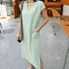 Basic Casual Dresses ZANZEA Women Fashion V-Neck Stripe Printed Short Sleeves Spilt Side Dress L230916
