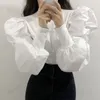 Kobiety bluzki kobiety pieprzyć gwint patchwork hiperbolę duża puff rękawa biały czarny kolor o-dół koreańskie poczucie designu bluzka szczupła plus