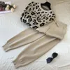 Women's Two Piece Pants Woman Leopard Knit Sweater Tracksuits And Fashion Wide Leg Suits Ladies Long-Sleeve Pullover G678