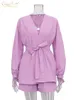 Women's Tracksuits Clacive Autumn LaceUp Robes Tops Two Pieces Set Womens Casual Loose High Wiast Shorts Elegant Pink Home Suit With 230915