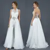 Halter Chiffon Stain Bridal Jumpsuit med Overskirt Train Modest Fairy Pärled Crystal Belt Beach Country Wedding Dress Jumpsuit212n