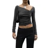 T-shirts Femmes Femmes S Sexy Crop Top Asymétrique Ruché À Manches Longues Slim Fit Chemise Mignon Sortir Hauts Pour Y2k Streetwear