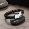 Charme pulseiras jiayiqi simples trançado pulseira de couro punk preto homens aço inoxidável fecho magnético moda pulseiras presente